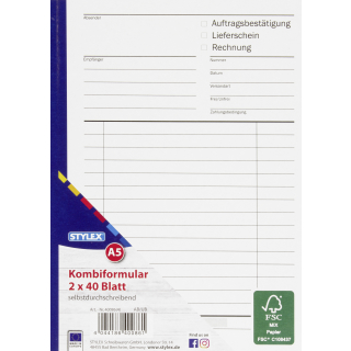 Kombiformular, DIN A5, 2x 40 Blatt - Auftrag - Lieferschein - Rechnung
